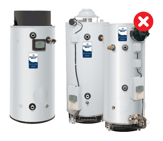 comm-gas-fired-storage-no-longer-made-three Three white water heaters are shown; two are grouped together and are not compliant with DOE
