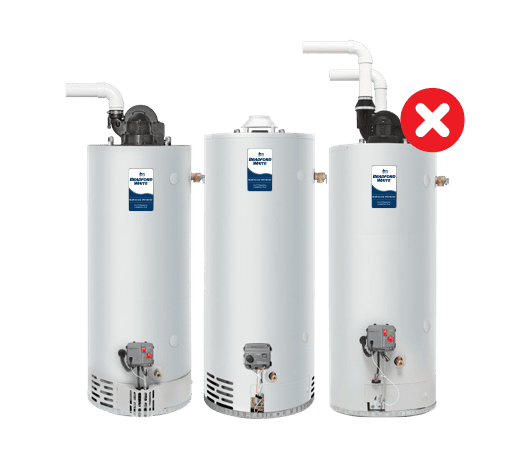 The 55, 75, and 100 gallon Power Vent, Atmospheric Vent, and Power Direct Vent models next to each other and do not meet DOE standards.