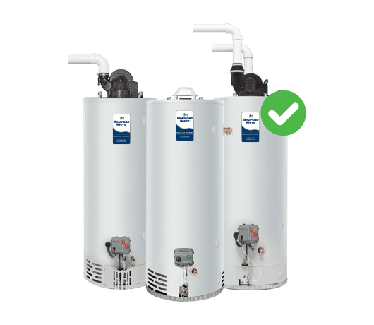 Non-condensing atmospheric vent, power vent, and power direct vent 50 gallon models standing next to each other meeting DOE standards.